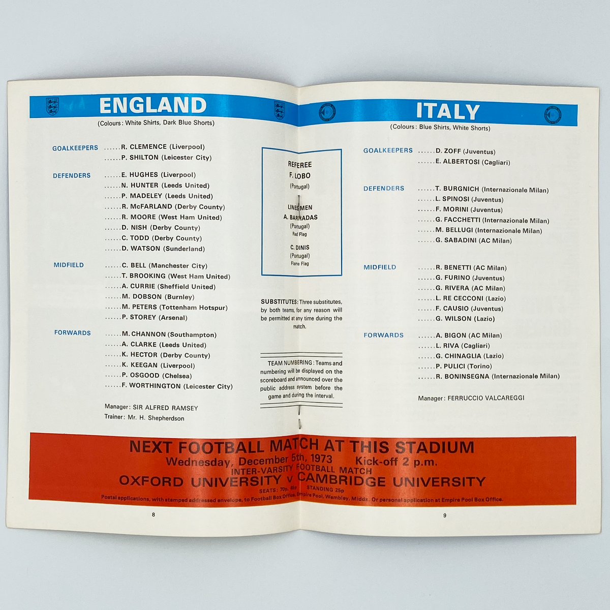 England vs Italy Programme & Ticket (14 November 1973)