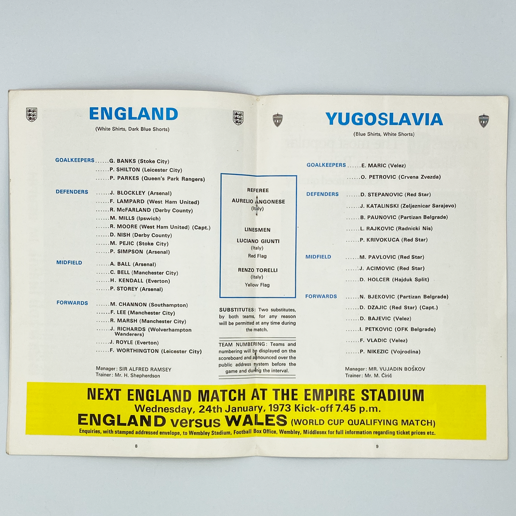 England vs Yugoslavia Programme & Ticket (11 October 1972)