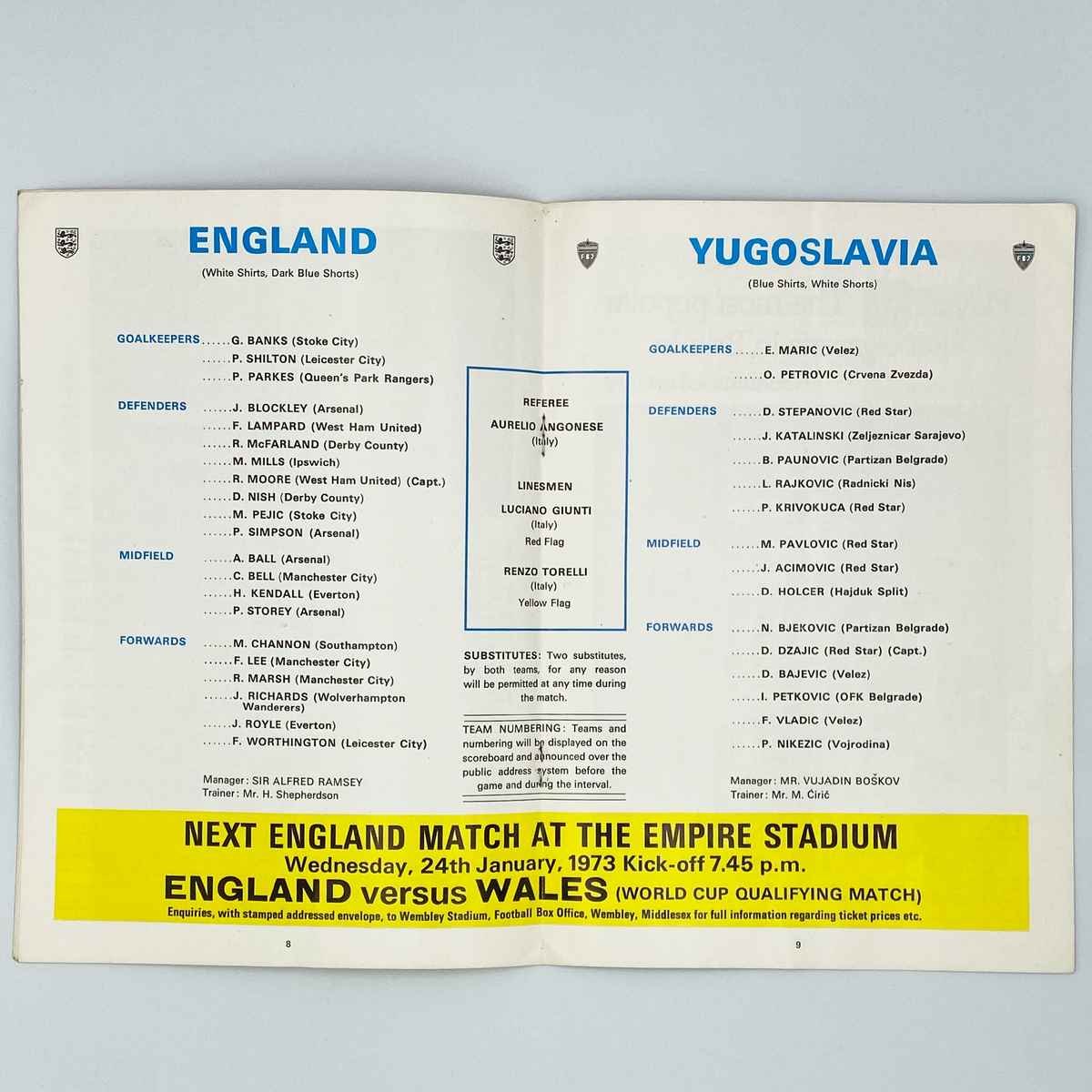 England vs Yugoslavia Programme & Ticket (11 October 1972)