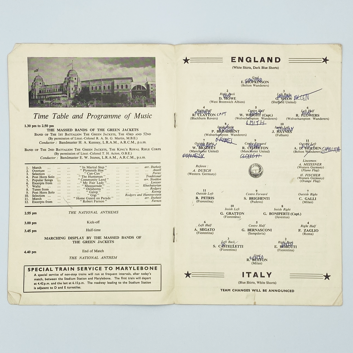 England vs Italy Programme & Ticket (6 May 1959)