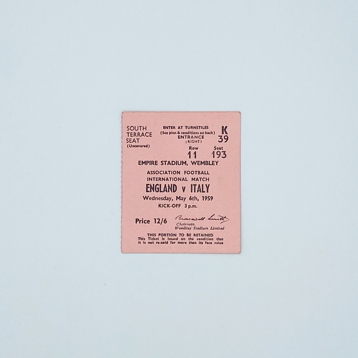 England vs Italy Programme & Ticket (6 May 1959)