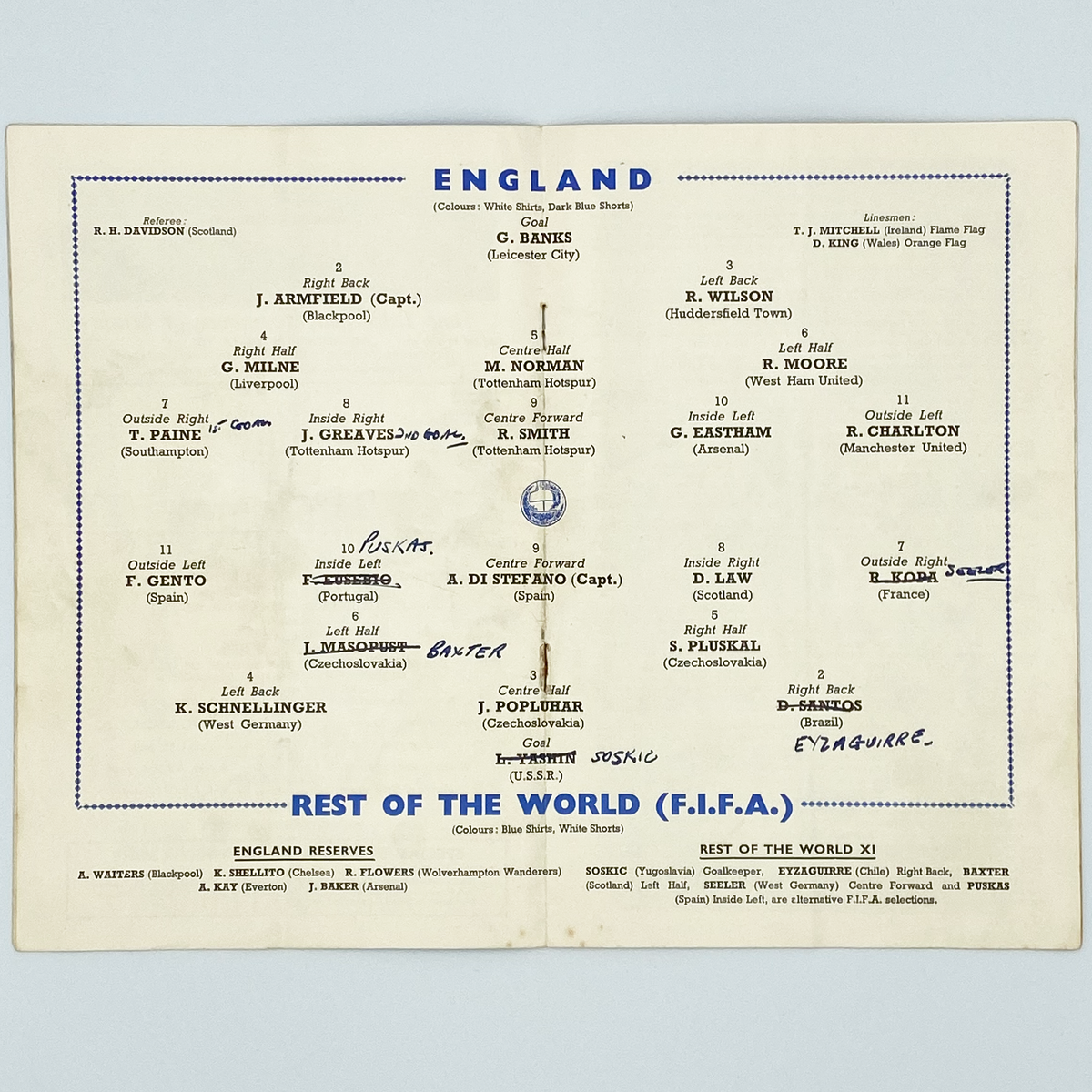 England vs Rest of the World Programme & Ticket (23 October 1963)