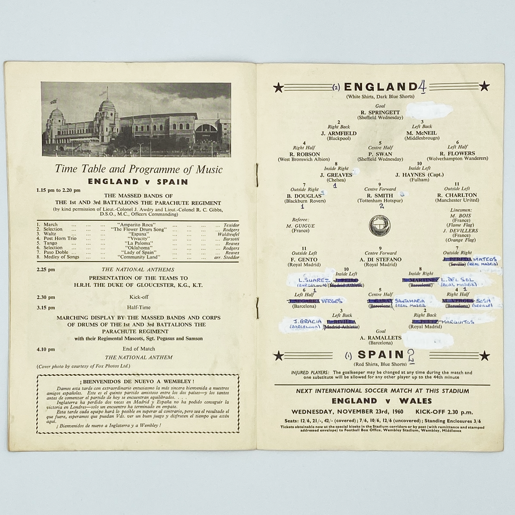 England vs Spain Programme & Ticket (26 October 1960)