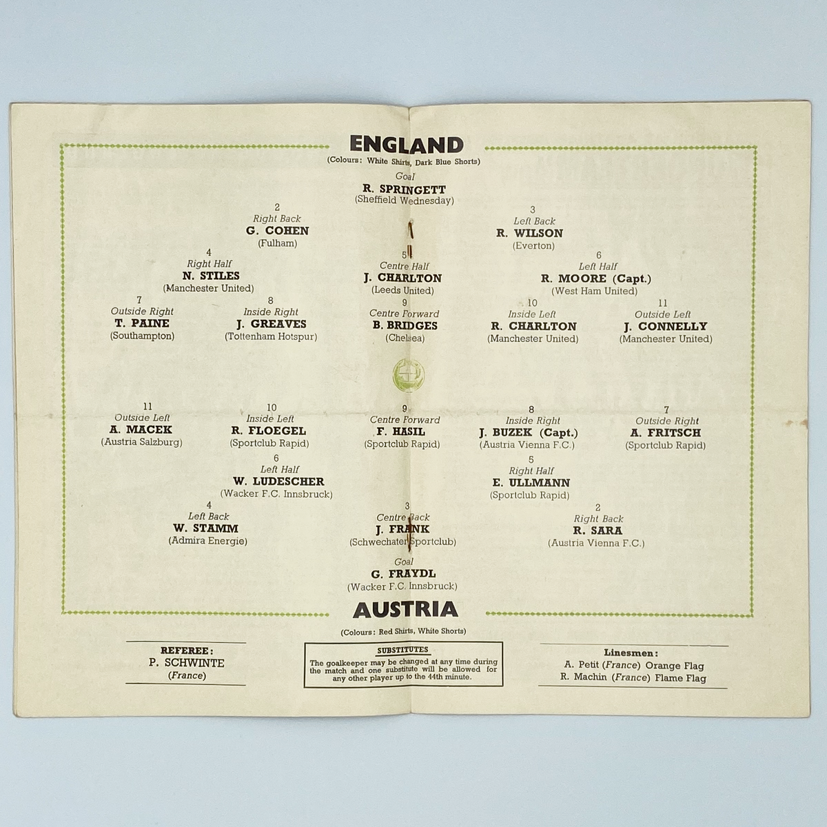 England vs Austria Programme (20 October 1965)