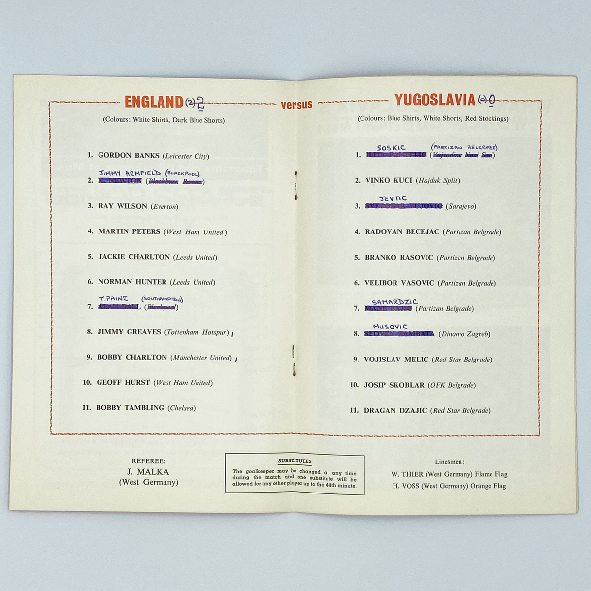 England vs Yugoslavia Programme (4 May 1966)
