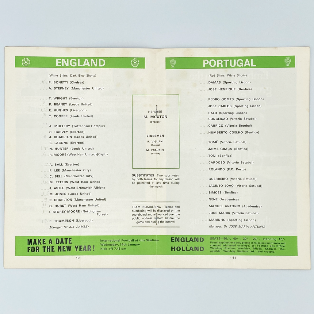 England vs Portugal Programme & Ticket (10 December 1969)