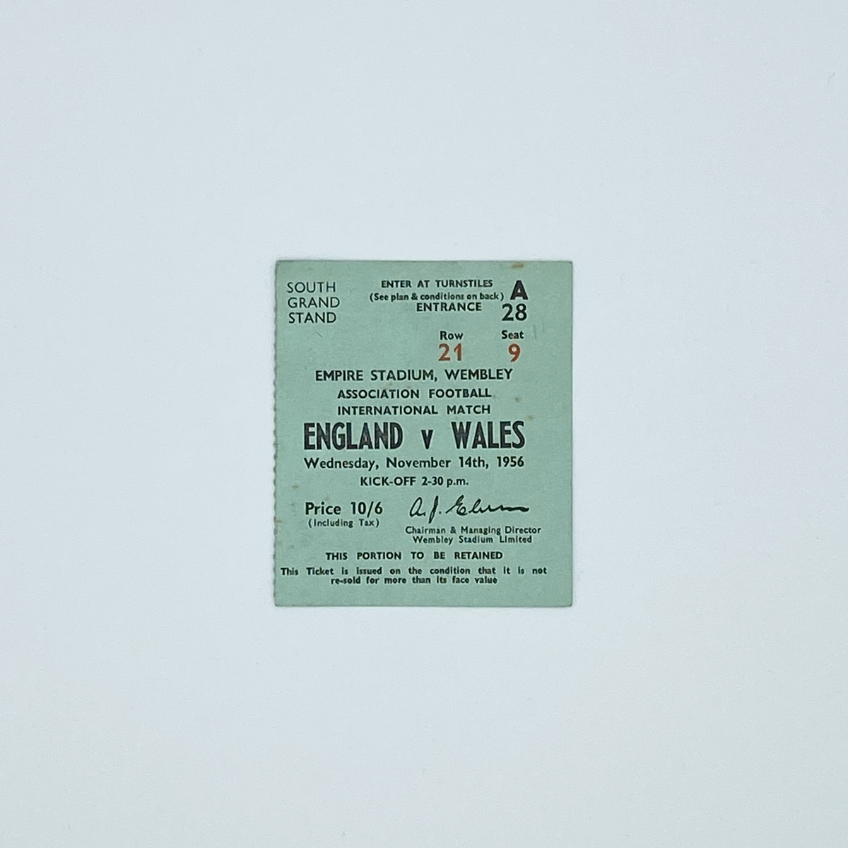 England vs Wales Programme & Ticket (14 November 1956)