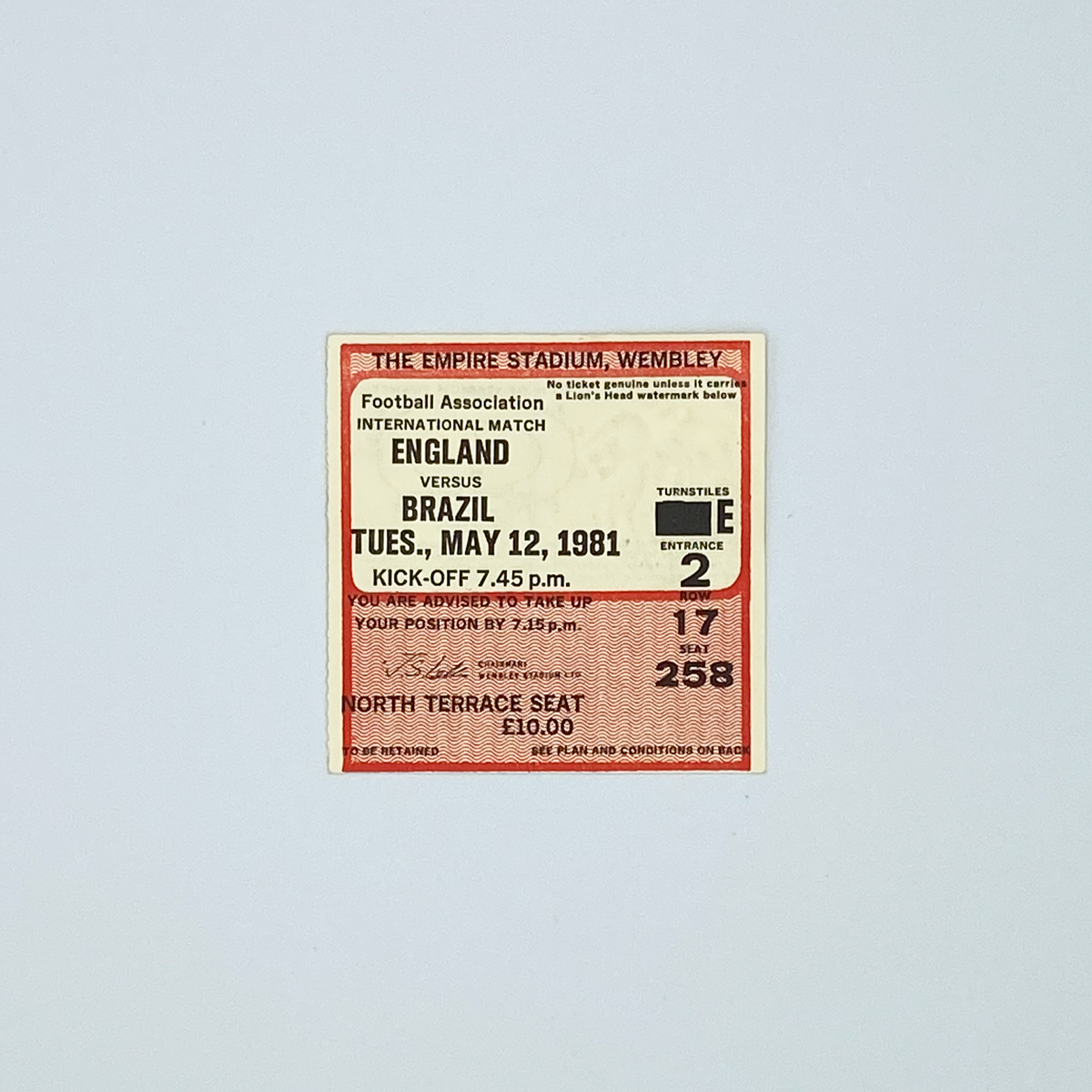 England vs Brazil Programme & Ticket (12 May 1981)