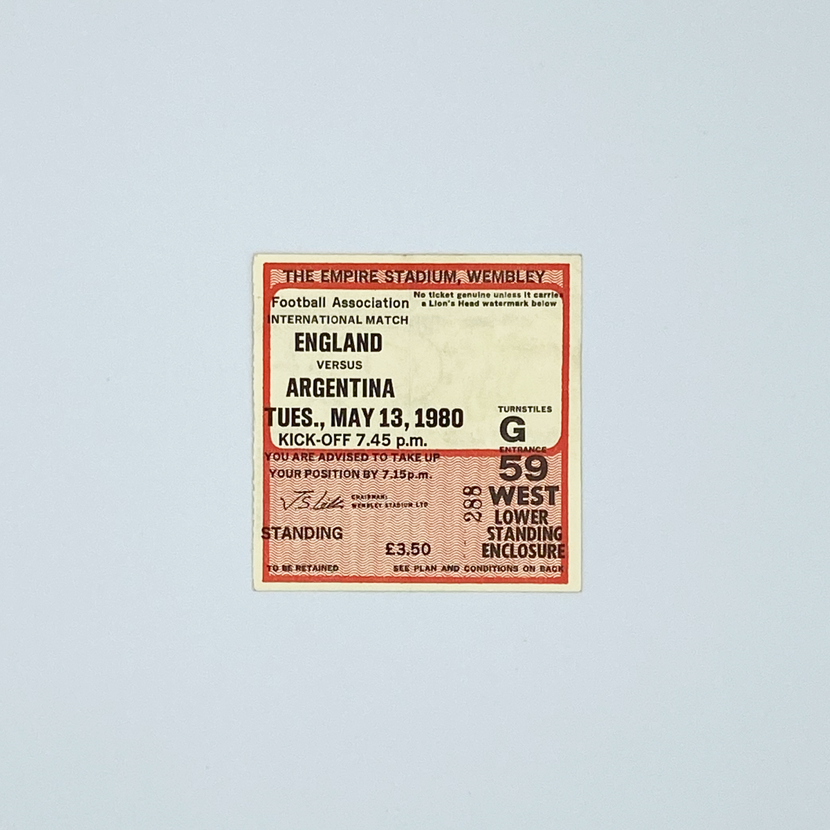 England vs Argentina Programme & Ticket (31 May 1980)
