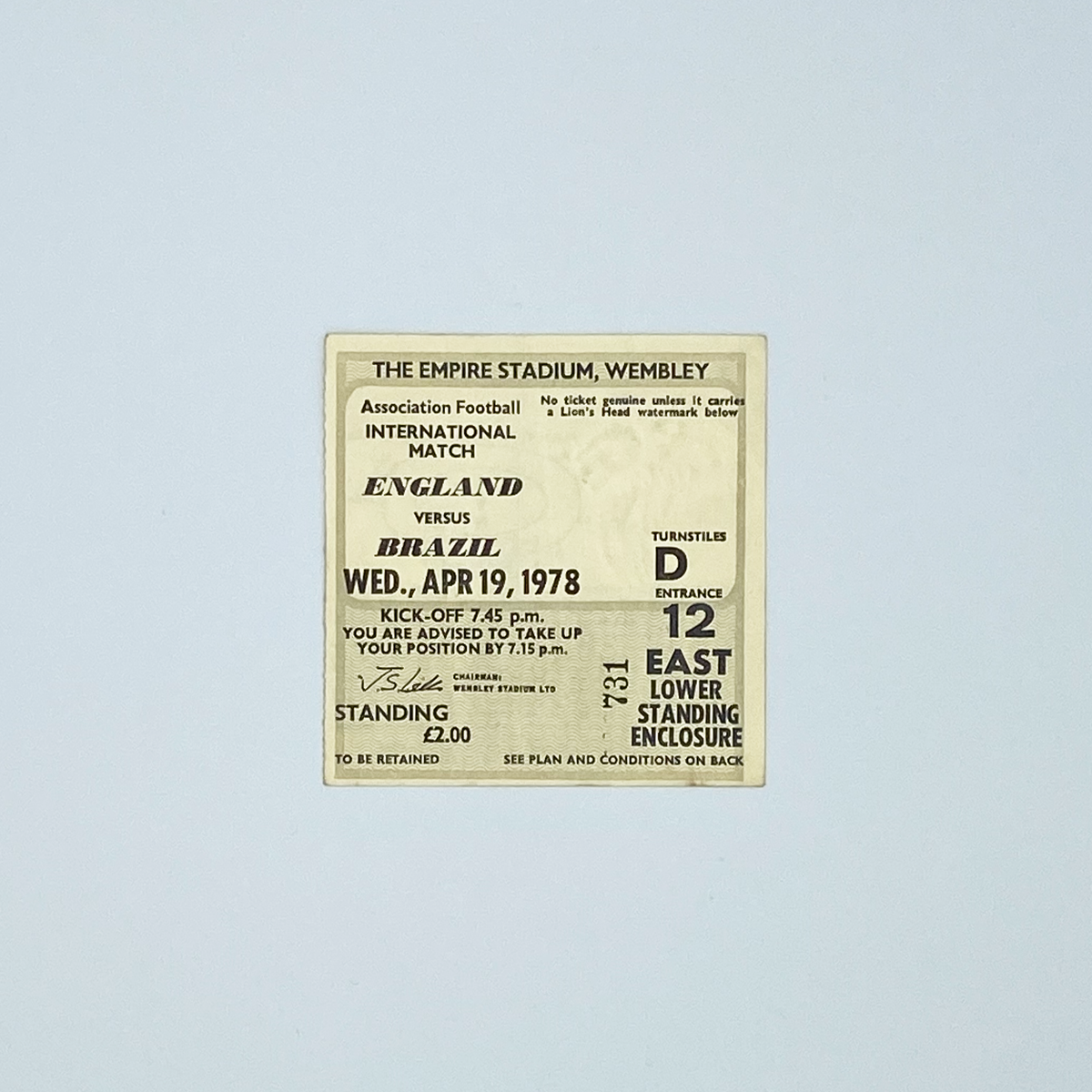 England vs Brazil Programme & Ticket (19 April 1978)