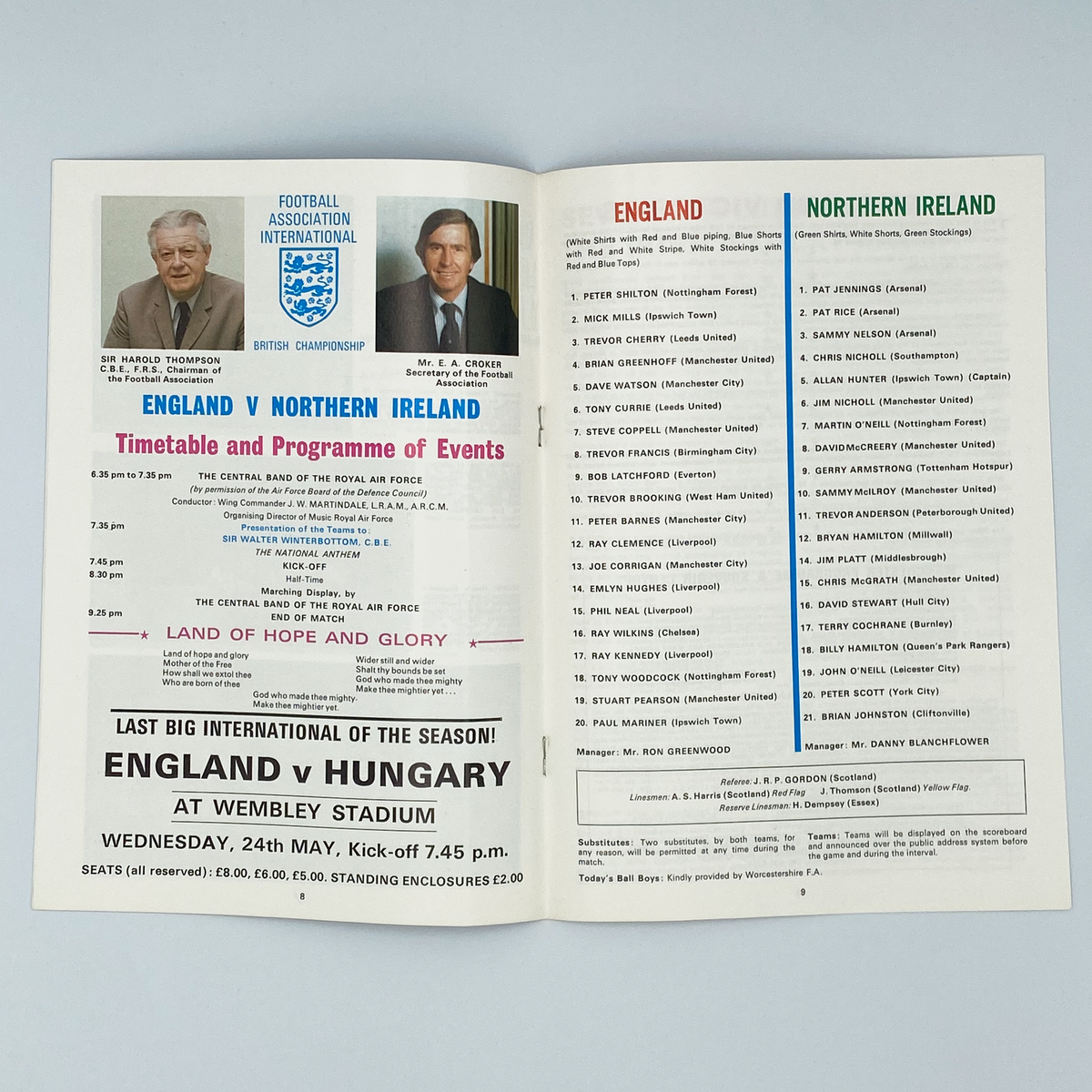 England vs Northern Ireland Programme & Ticket (16 May 1978)