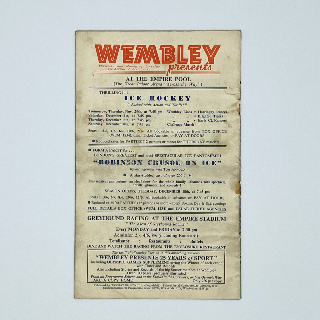 England vs Austria Programme & Ticket (28 November 1951)