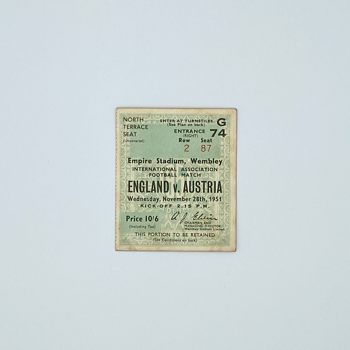 England vs Austria Programme & Ticket (28 November 1951)