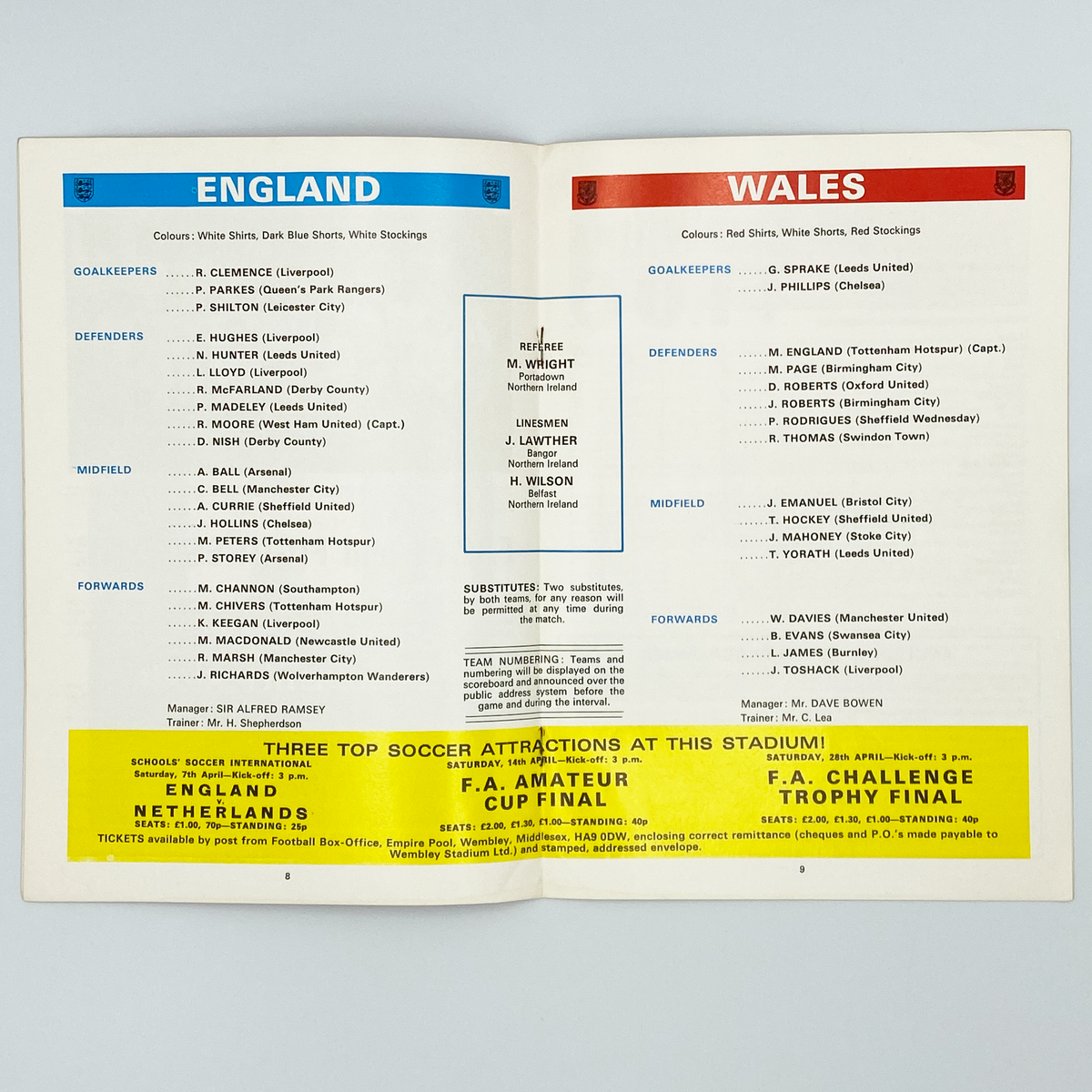 England vs Wales Programme (24 January 1973)