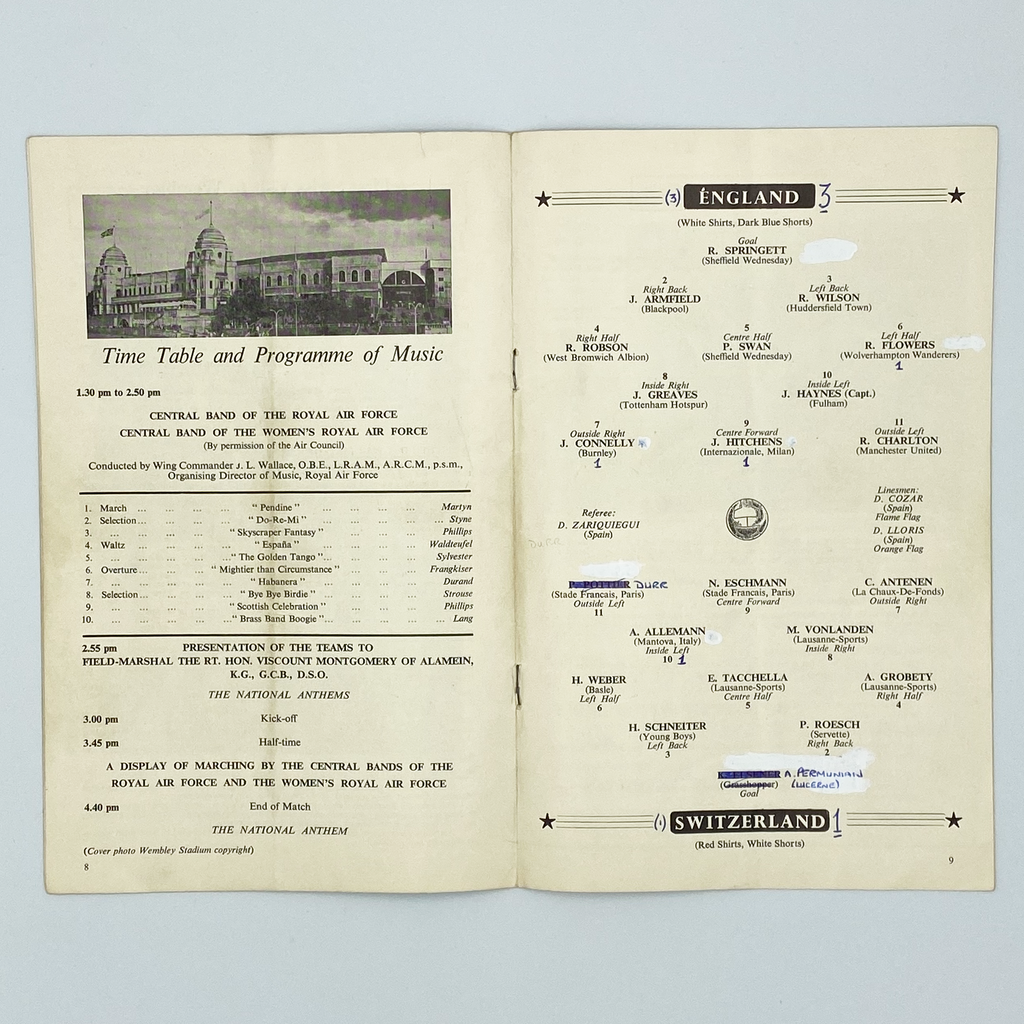 England vs Switzerland Programme (9 May 1962)
