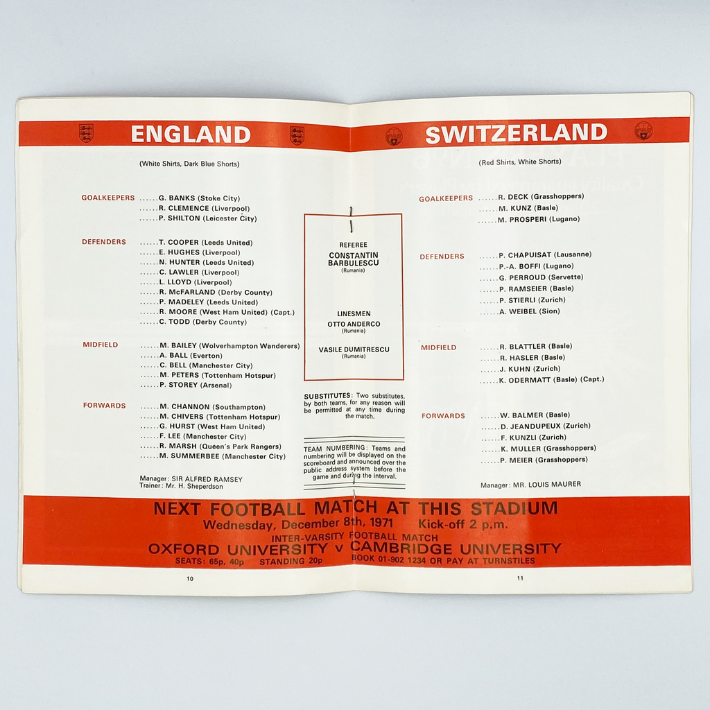 England vs Switzerland Programme & Ticket (10 November 1971)