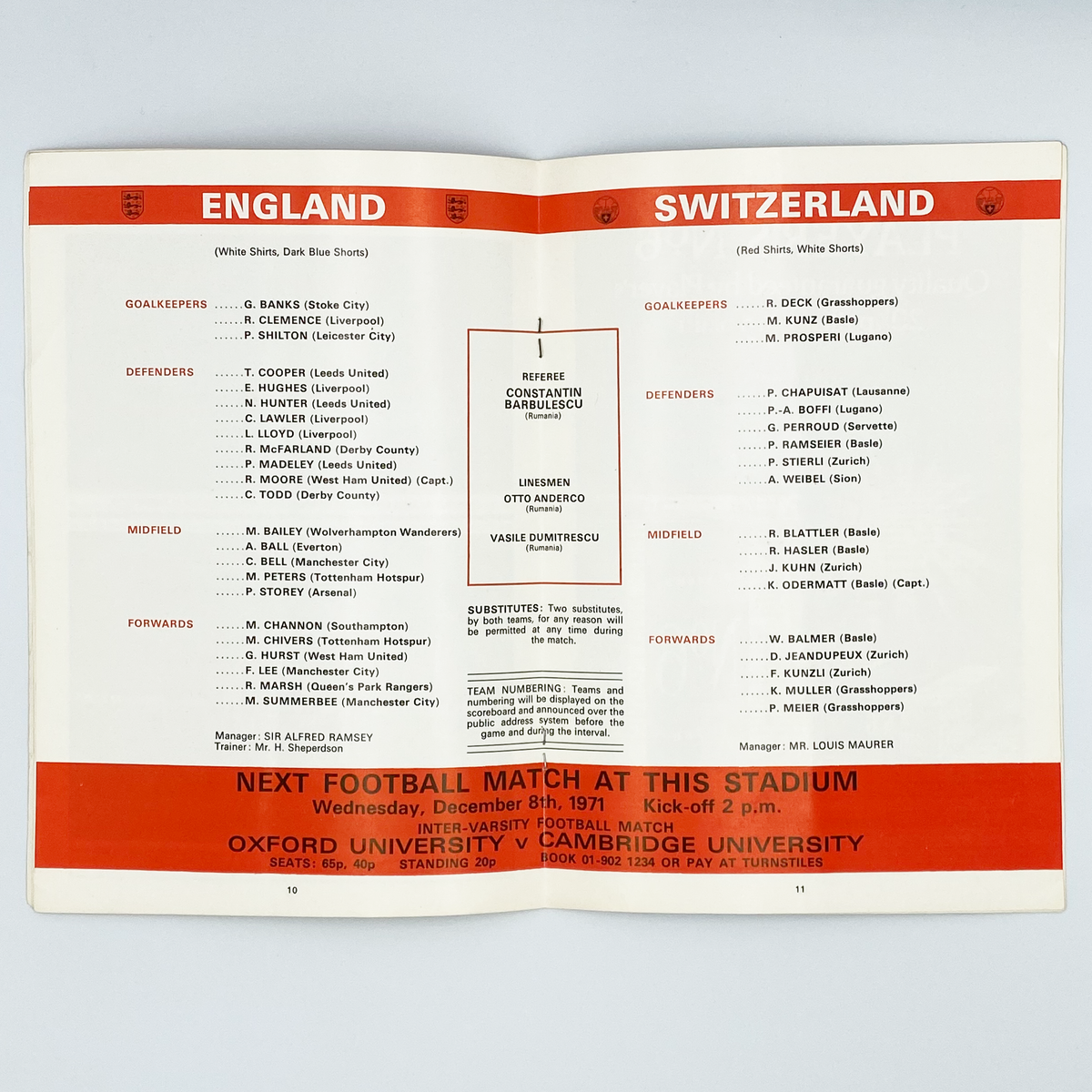 England vs Switzerland Programme & Ticket (10 November 1971)