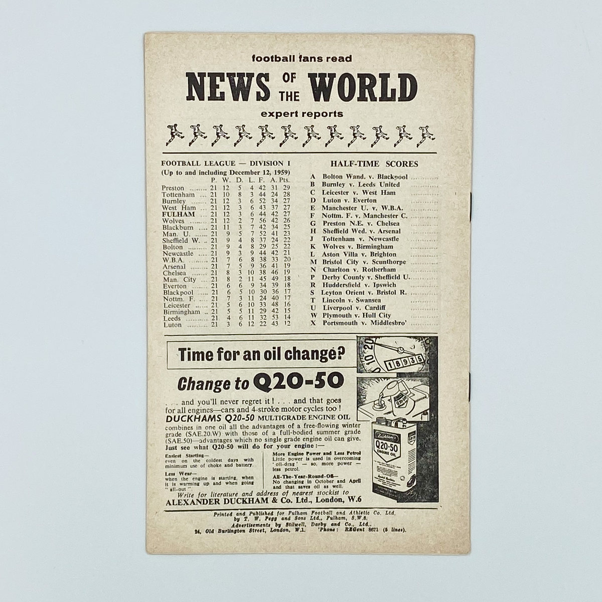 Fulham vs Blackburn Rovers Programme (19 December 1959)