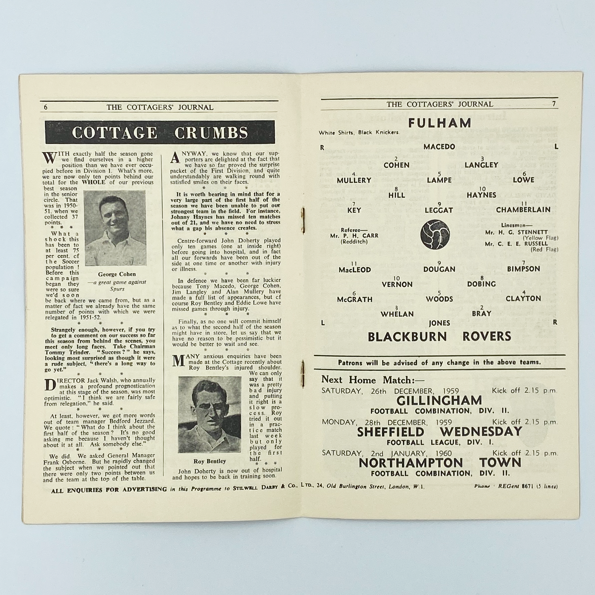 Fulham vs Blackburn Rovers Programme (19 December 1959)