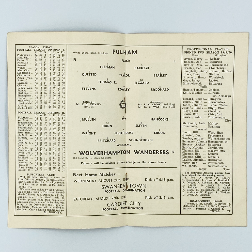 Fulham vs Wolverhampton Wanderers Programme (20 August 1949)