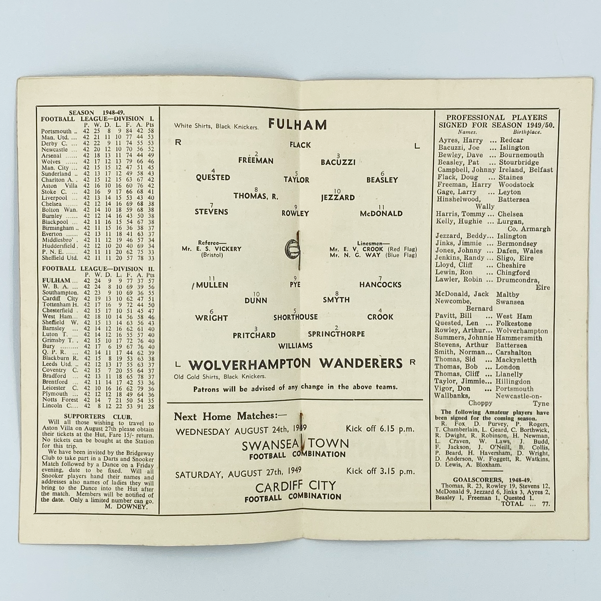 Fulham vs Wolverhampton Wanderers Programme (20 August 1949)