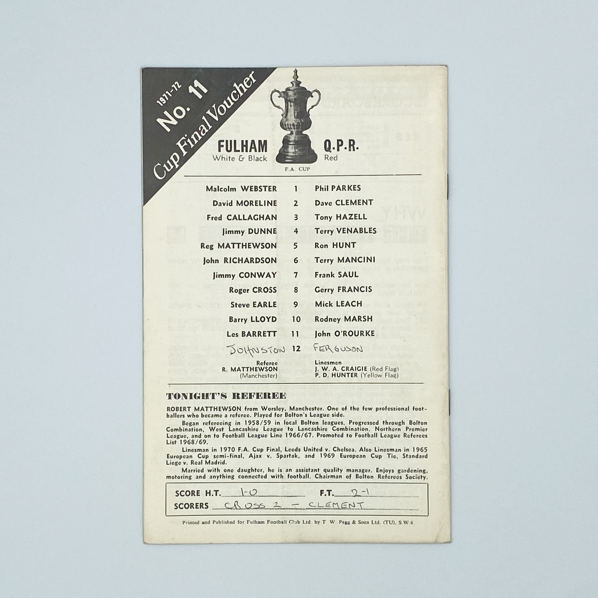 Fulham vs Queens Park Rangers Programme (18 January 1972)