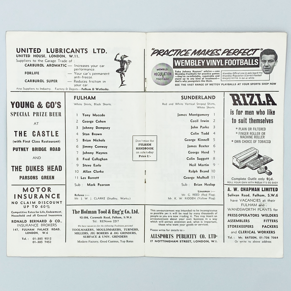 Fulham vs Sunderland Programme (28 August 1967)