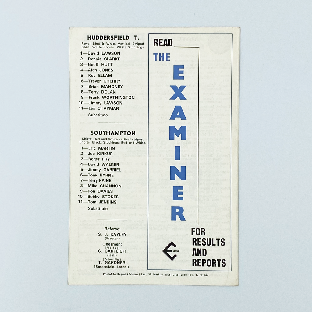 Huddersfield Town vs Southampton Programme (18 December 1971)