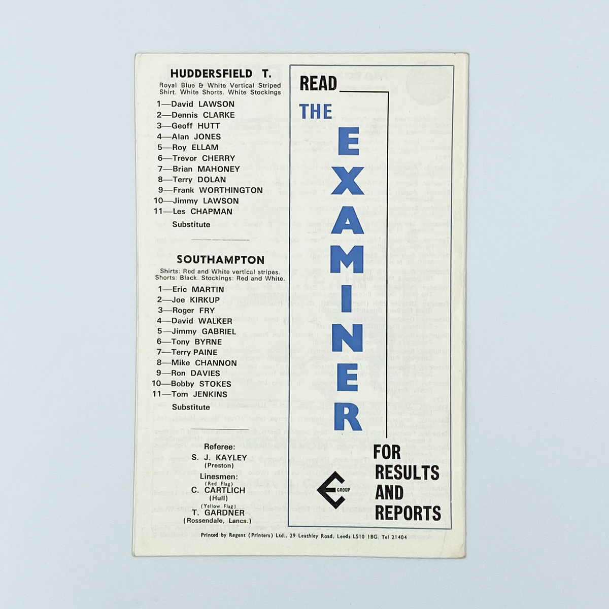 Huddersfield Town vs Southampton Programme (18 December 1971)