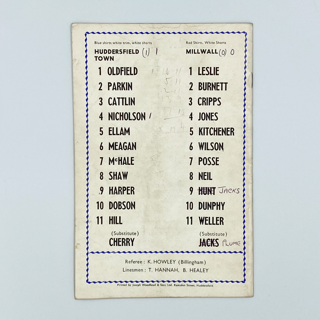 Huddersfield Town vs Millwall Programme (22 August 1967)