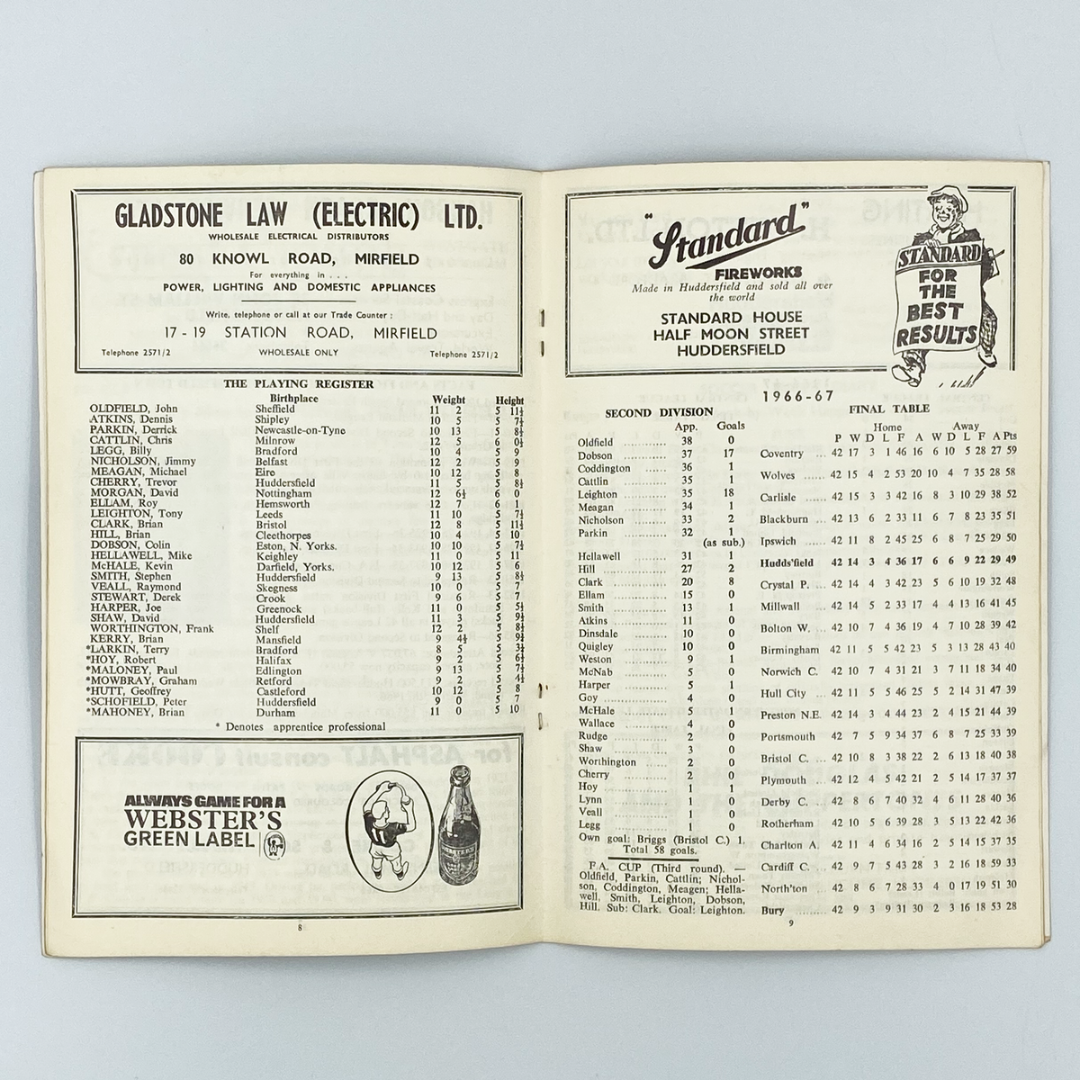 Huddersfield Town vs Millwall Programme (22 August 1967)
