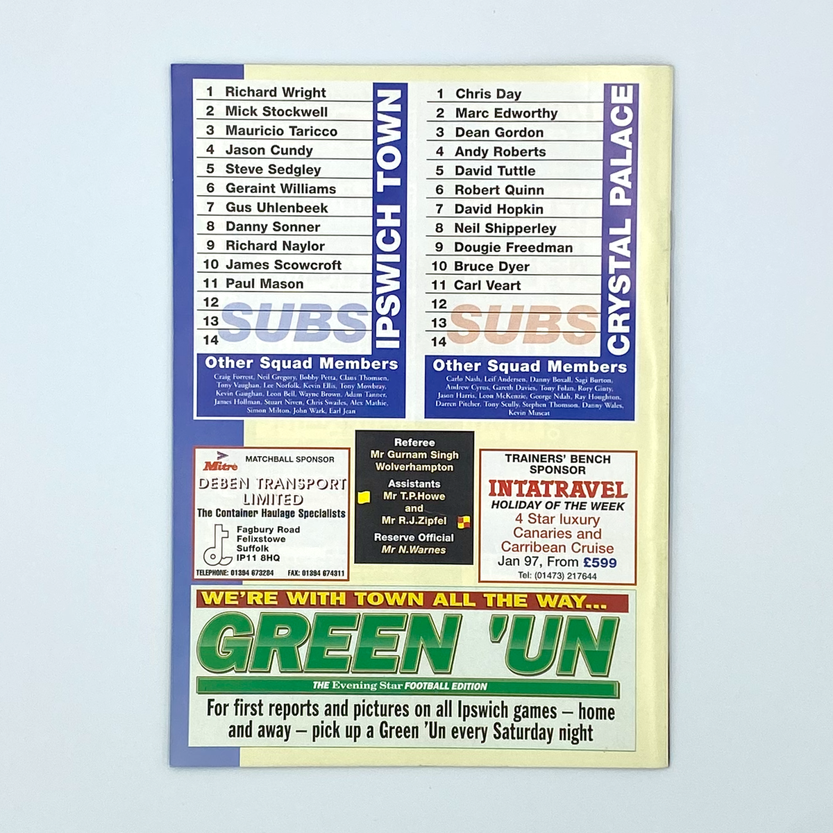 Ipswich Town vs Crystal Palace Programme & Ticket (26 December 1996)