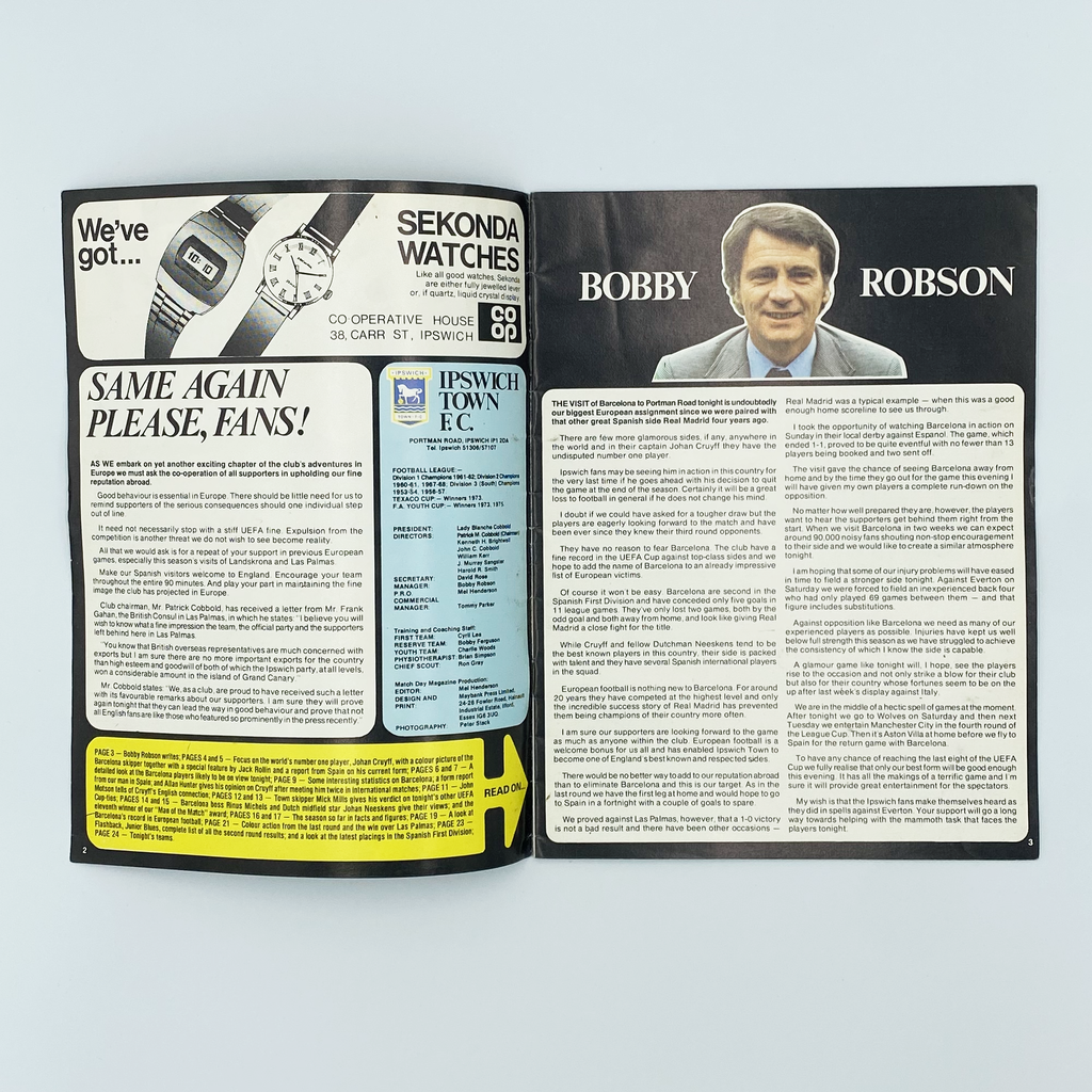 Ipswich Town vs FC Barcelona Programme (23 November 1977)