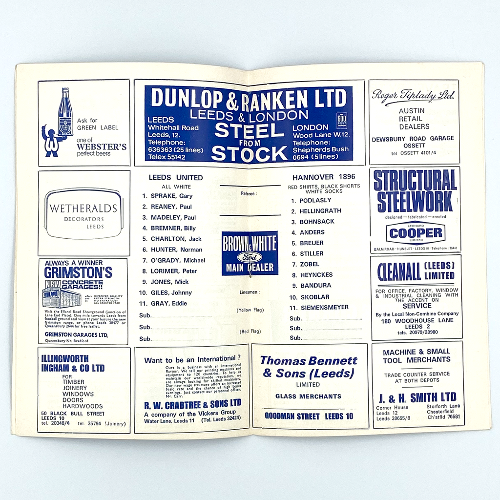 Leeds United vs Hannover 1896 Programme (18 December 1968)