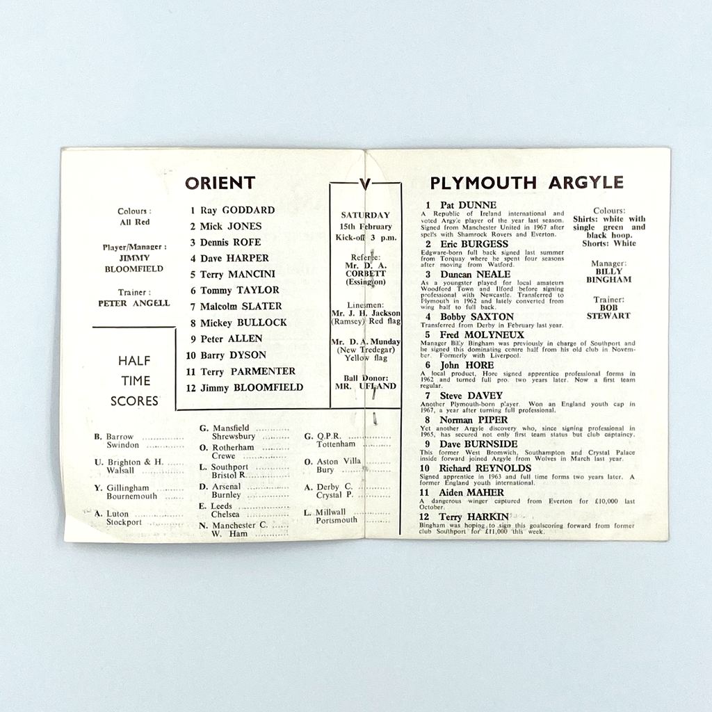 Leyton Orient vs Plymouth Argyle Programme (15 February 1969)