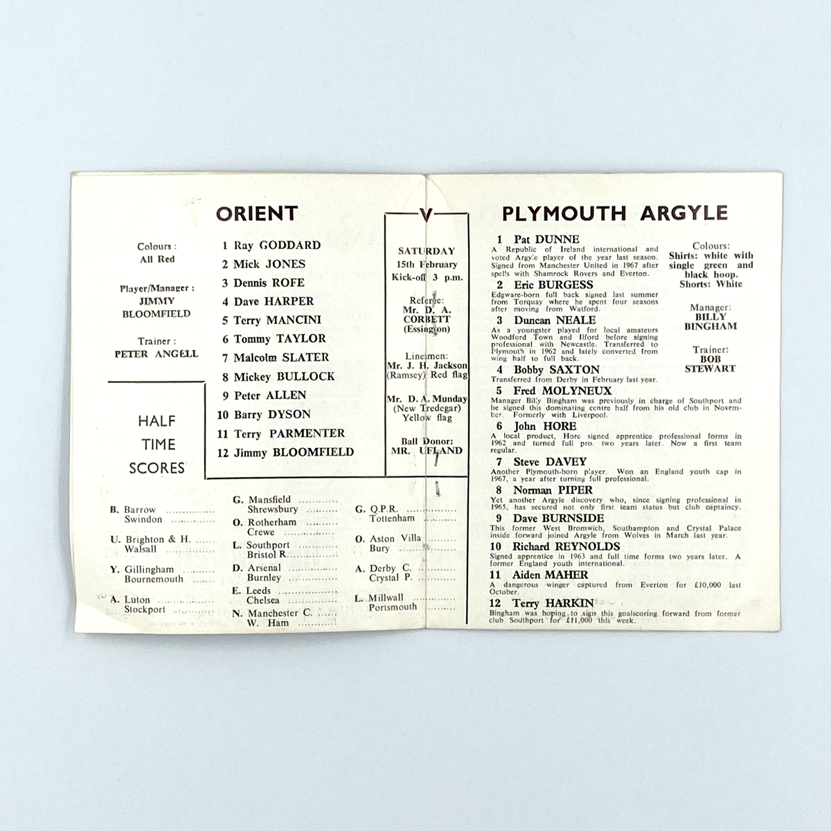Leyton Orient vs Plymouth Argyle Programme (15 February 1969)