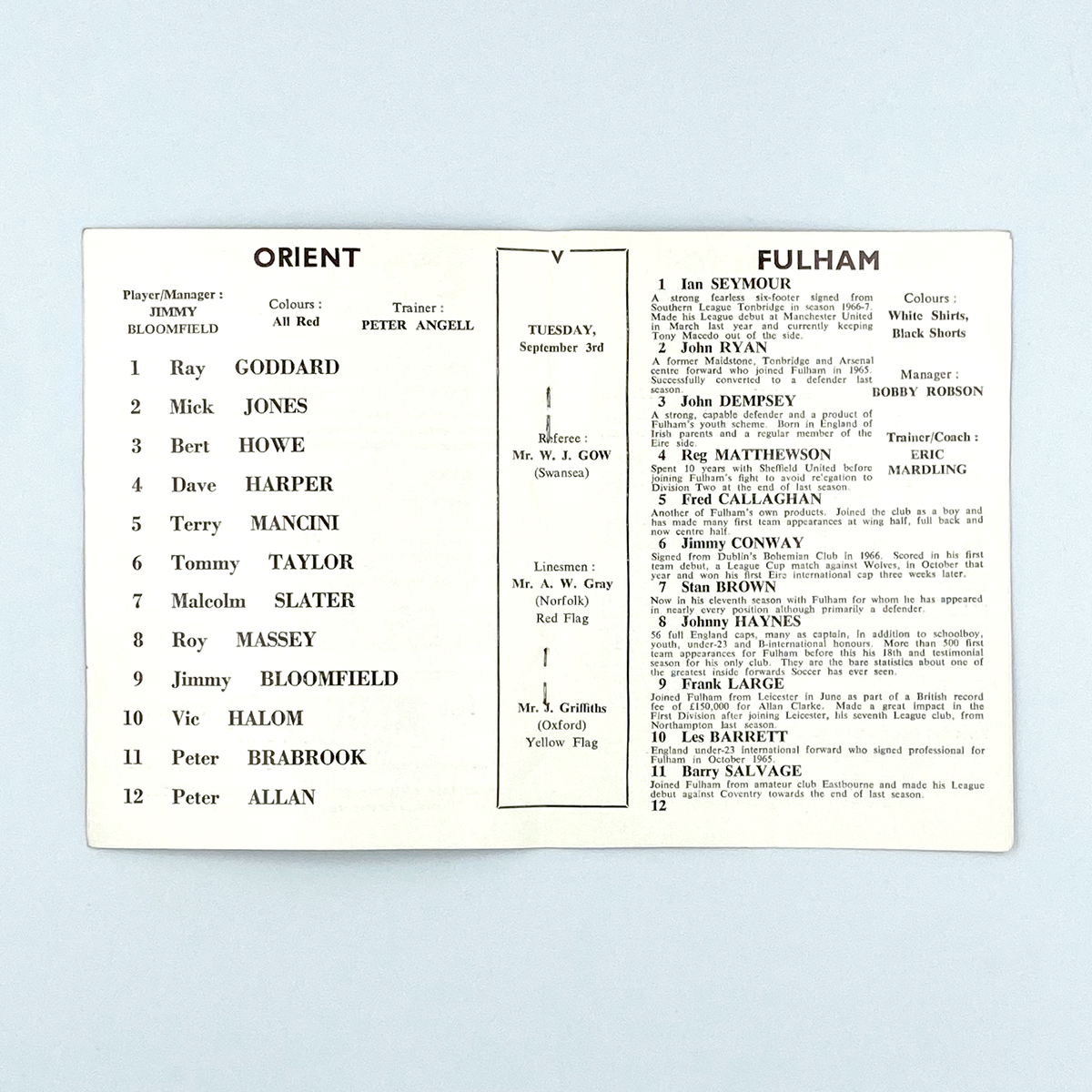 Leyton Orient vs Fulham Programme (3 September 1968)
