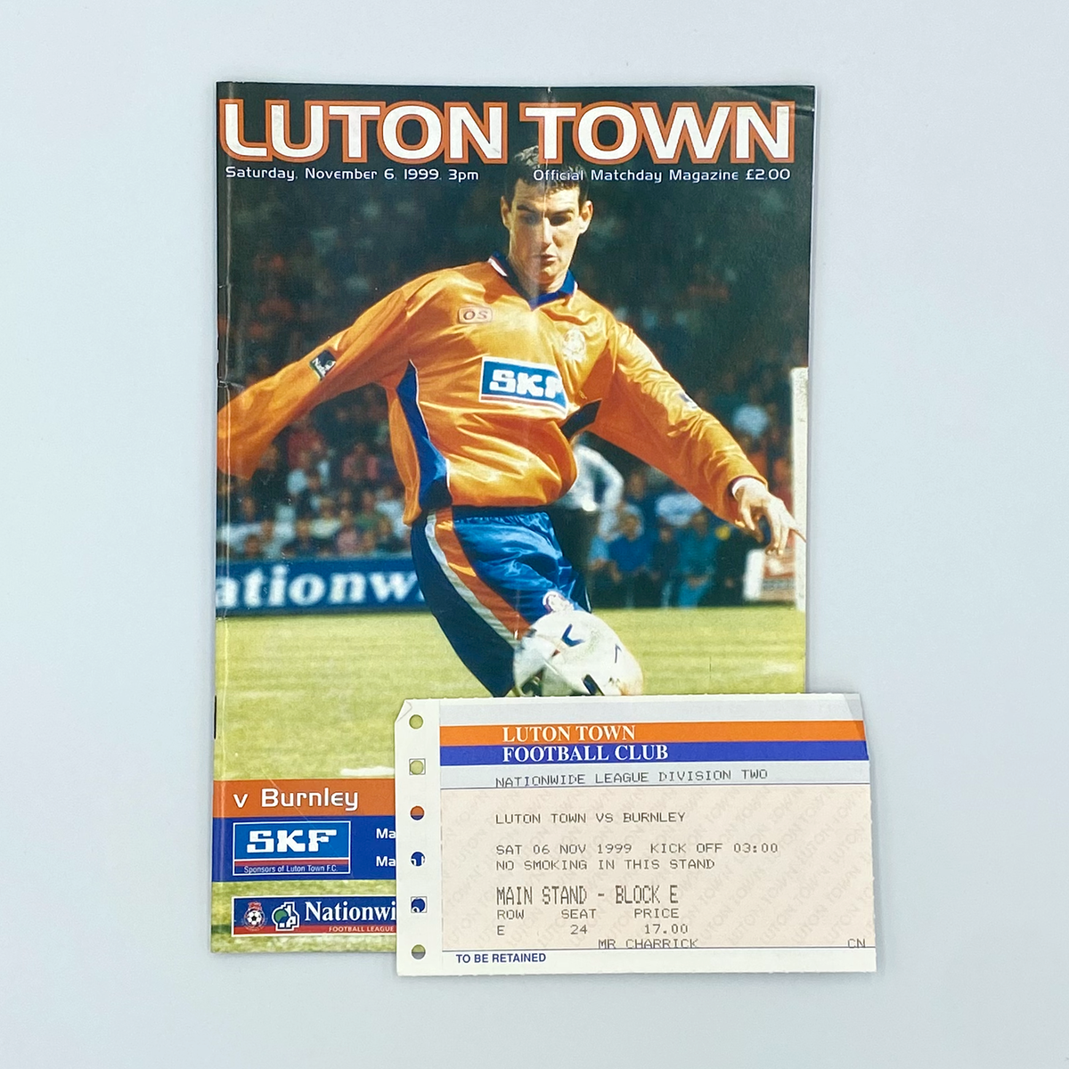 Luton Town vs Burnley Programme & Ticket (6 November 1999)