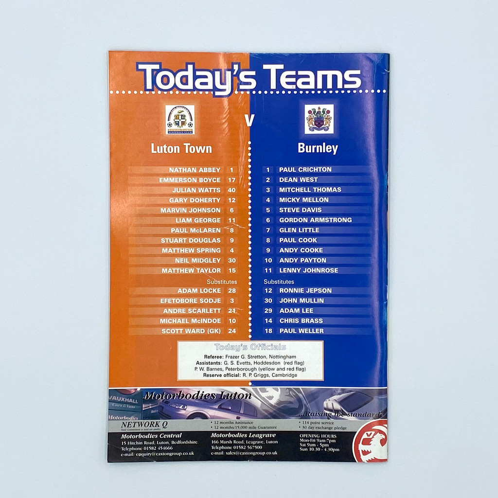 Luton Town vs Burnley Programme & Ticket (6 November 1999)