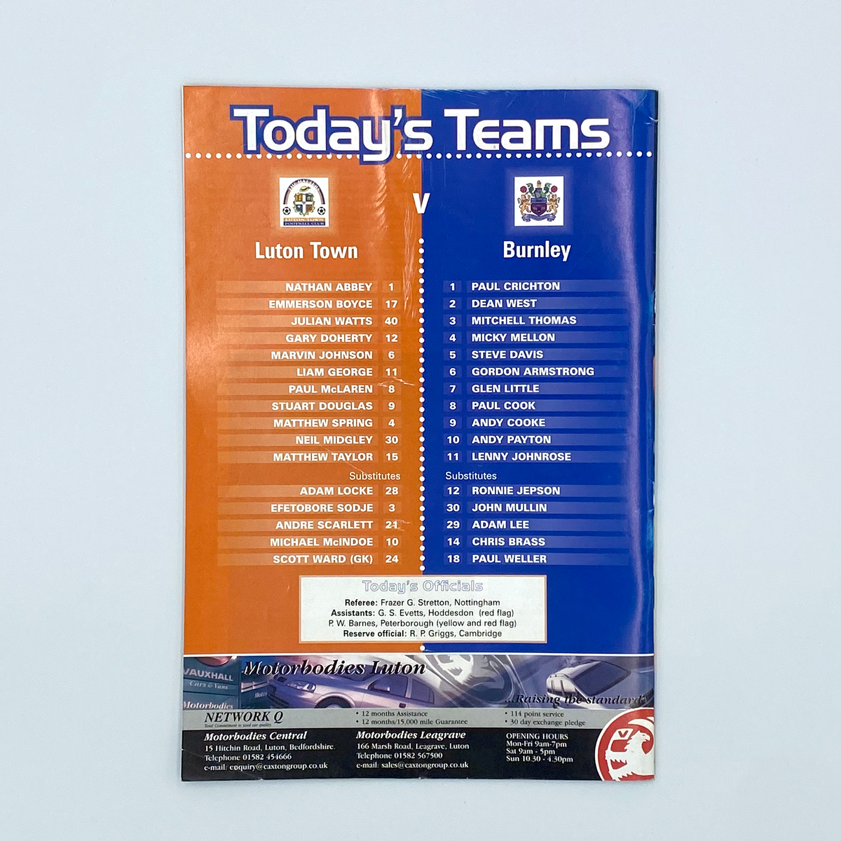 Luton Town vs Burnley Programme & Ticket (6 November 1999)