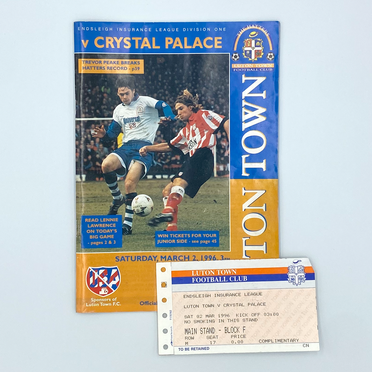 Luton Town vs Crystal Palace Programme & Ticket (2 March 1996)
