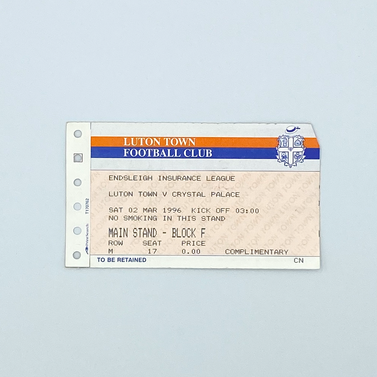 Luton Town vs Crystal Palace Programme & Ticket (2 March 1996)
