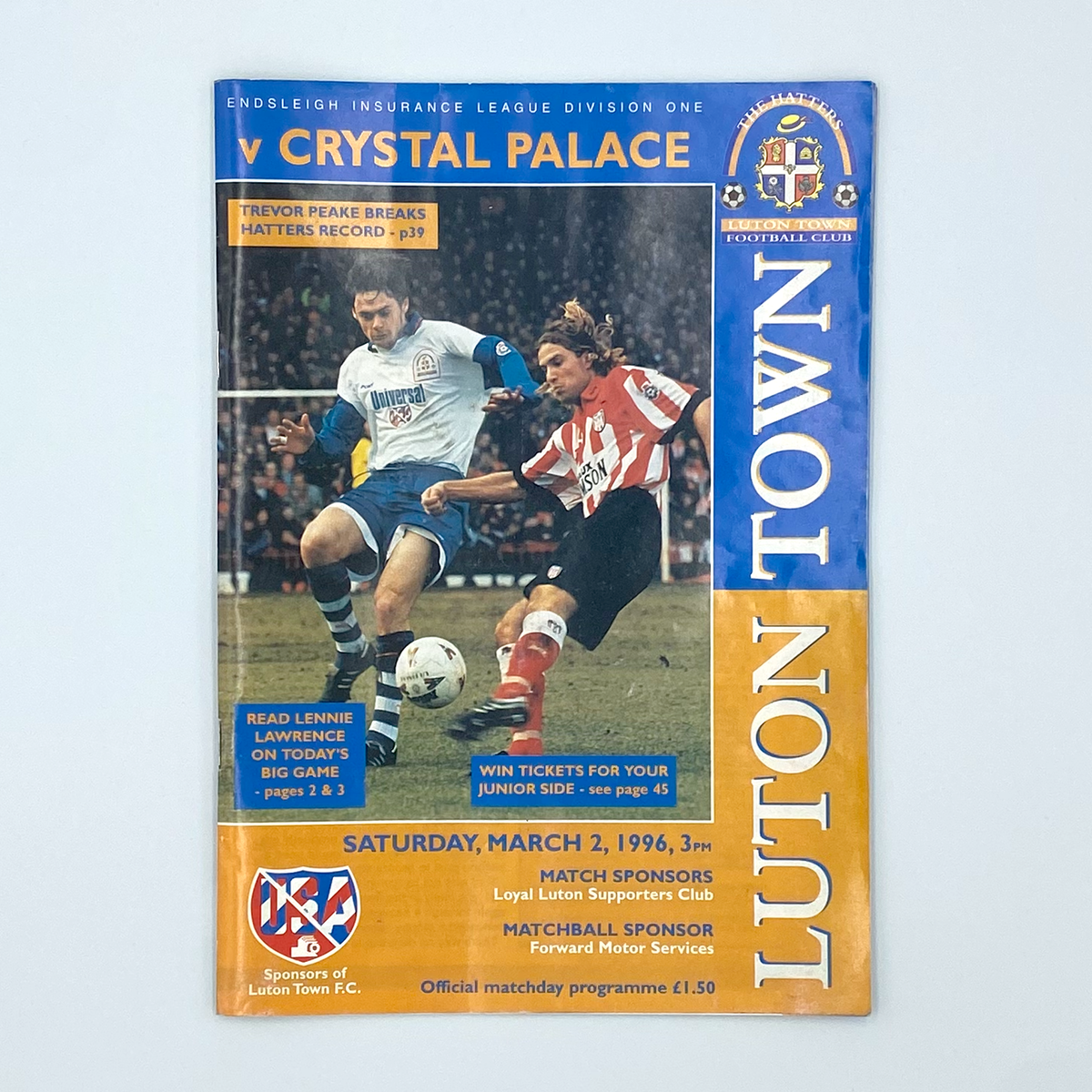 Luton Town vs Crystal Palace Programme & Ticket (2 March 1996)