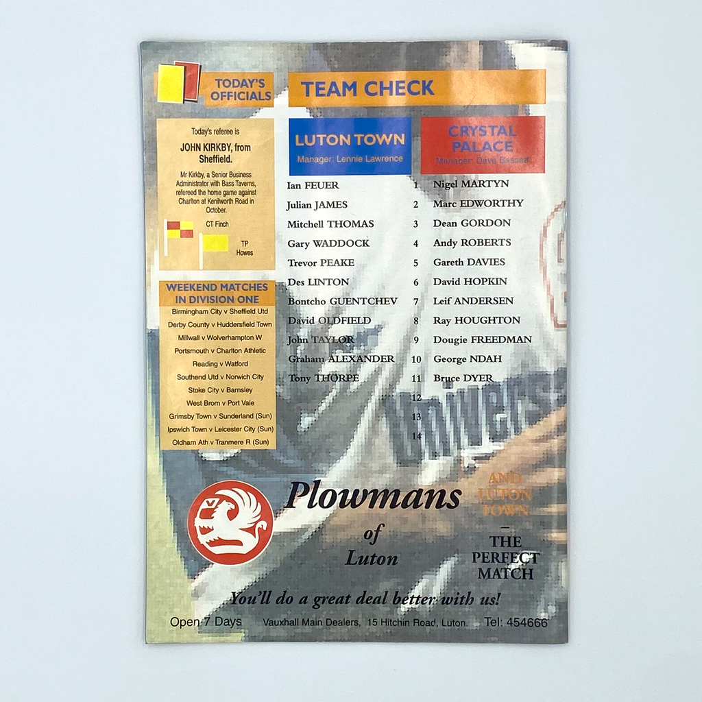 Luton Town vs Crystal Palace Programme & Ticket (2 March 1996)