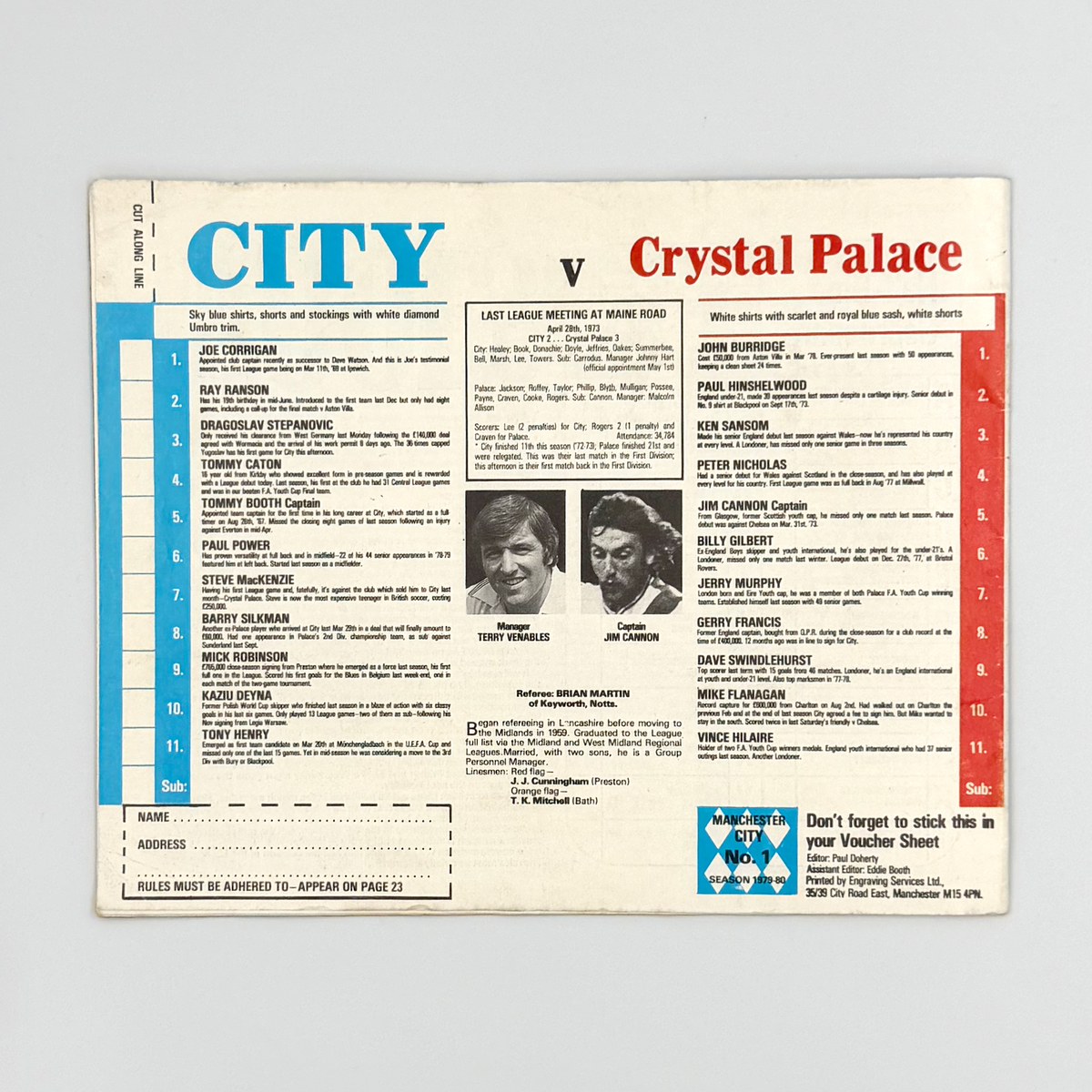 Manchester City vs Crystal Palace Programme (18 August 1979)