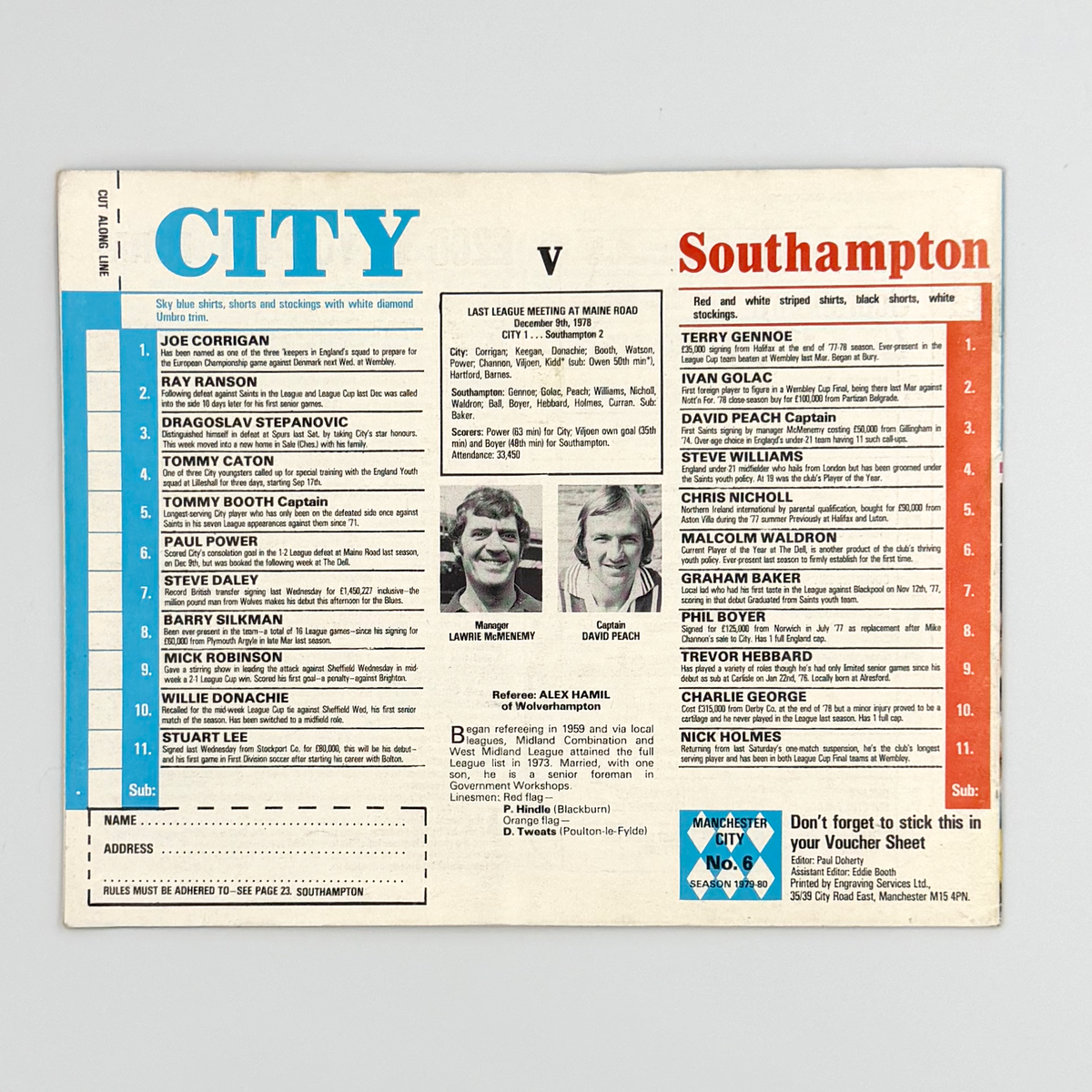 Manchester City vs Southampton Programme (8 September 1979)
