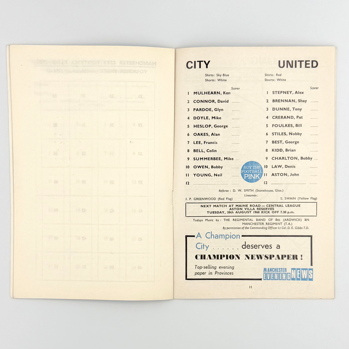 Manchester City vs Manchester United Programme (17 August 1968)