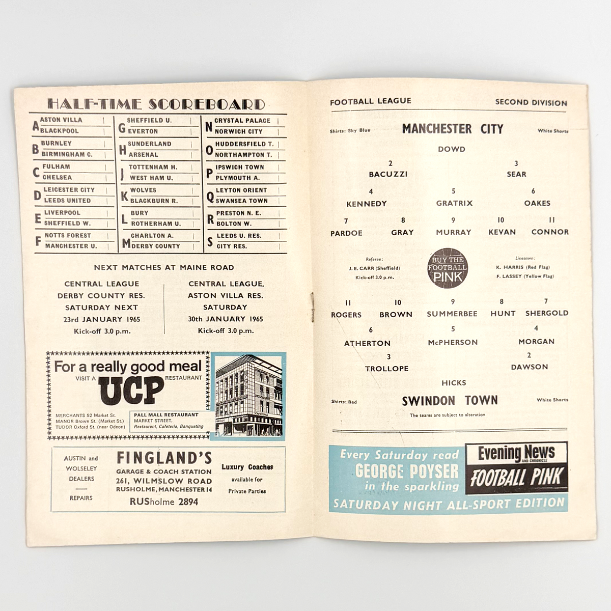 Manchester City vs Swindon Town Programme (16 January 1965)