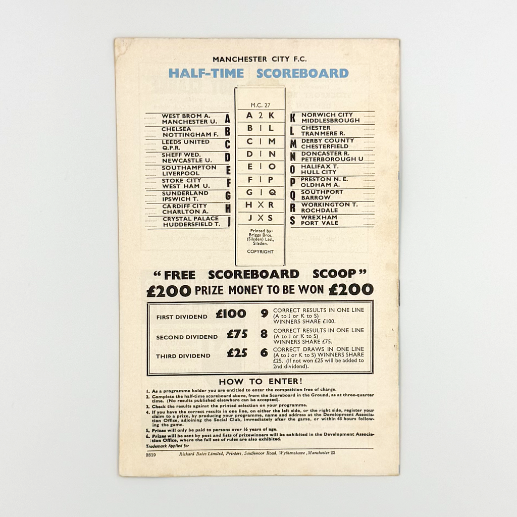 Manchester City vs Wolverhampton Wanderers Programme (14 August 1968)