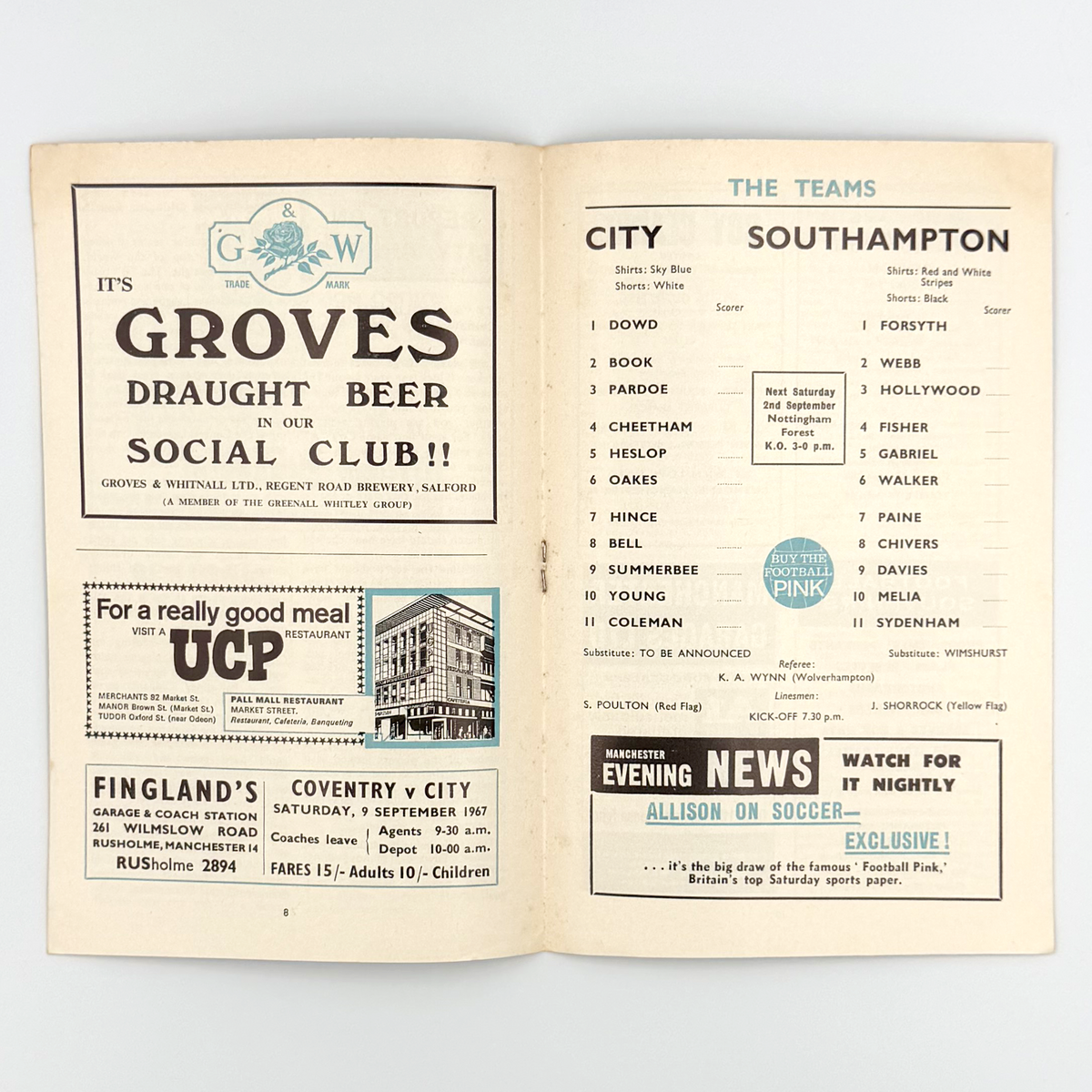 Manchester City vs Southampton Programme (30 August 1967)
